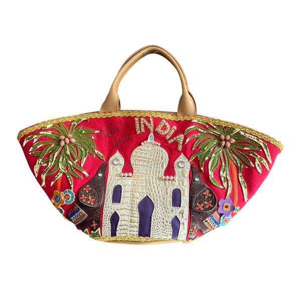 Tua Braccialini Grand Hotel Jaipur Salute Dall Leather and Canvas Handbag Red